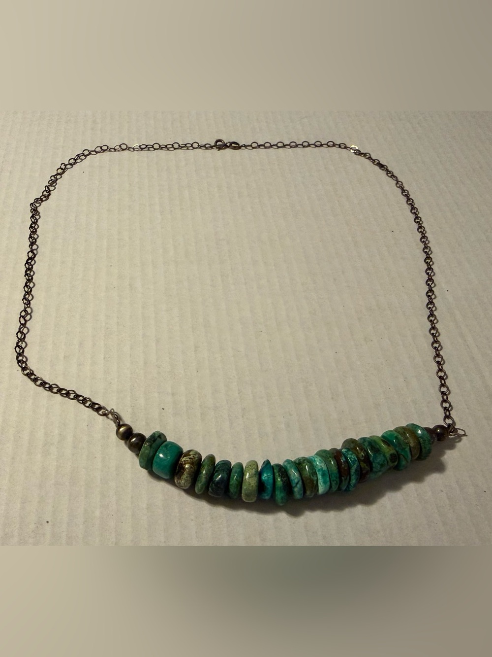Turquoise Bead & Silver Chain Statement Necklace - Green Stone Strand